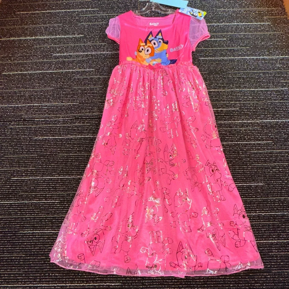 Bluey Nightgown Girls Size 10/12 Pink NEW Character Sleepwear Mesh Foil Gown
